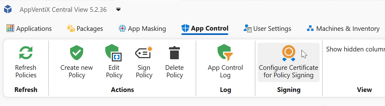 Click Configure Certificate for Policy Signing