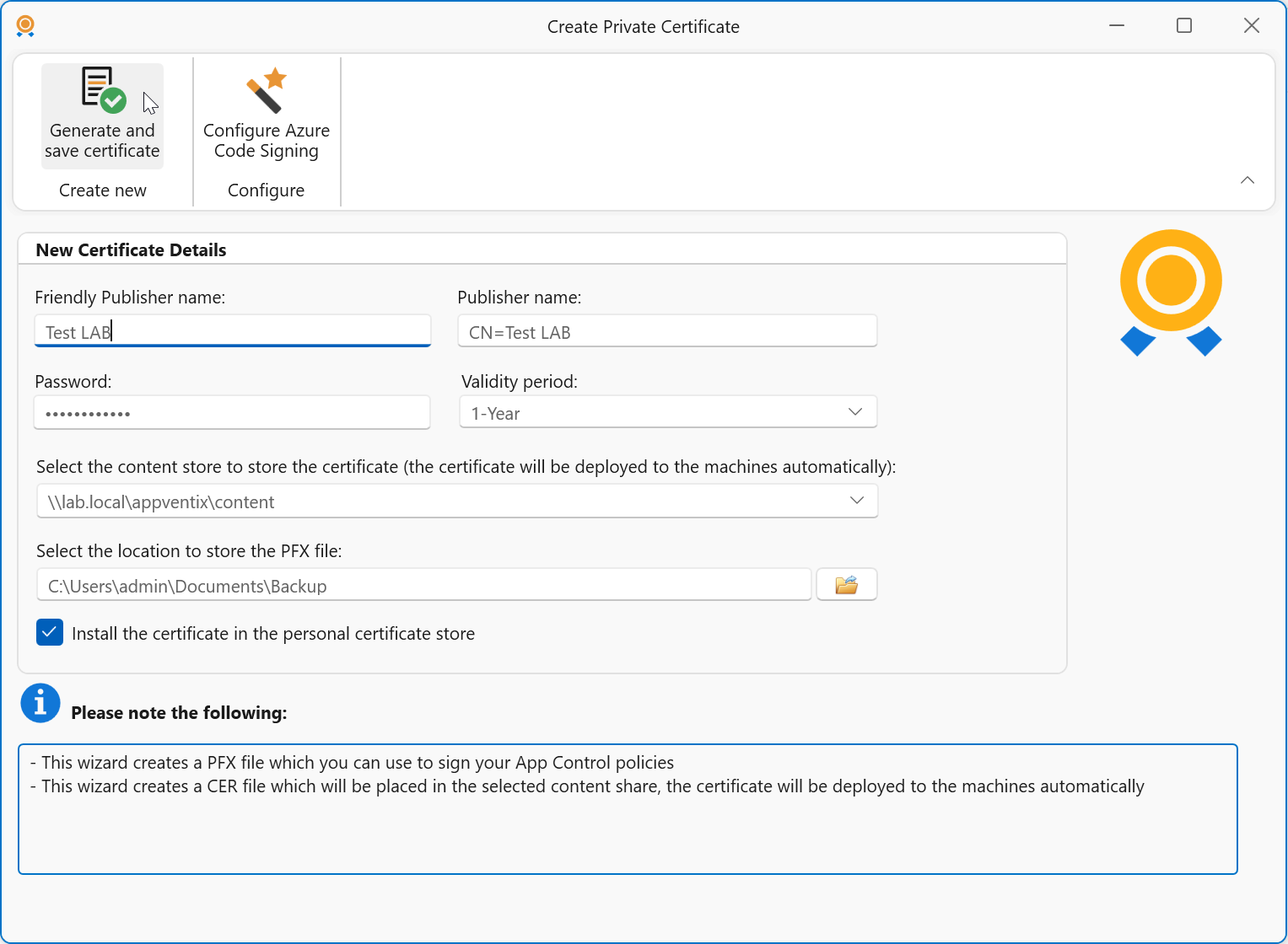 Fill the fields and click Generate and save certificate