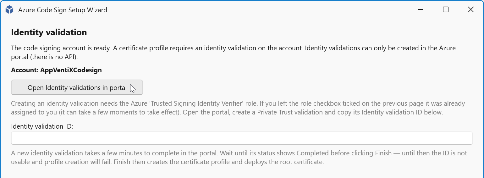 Click Open identity validations in portal