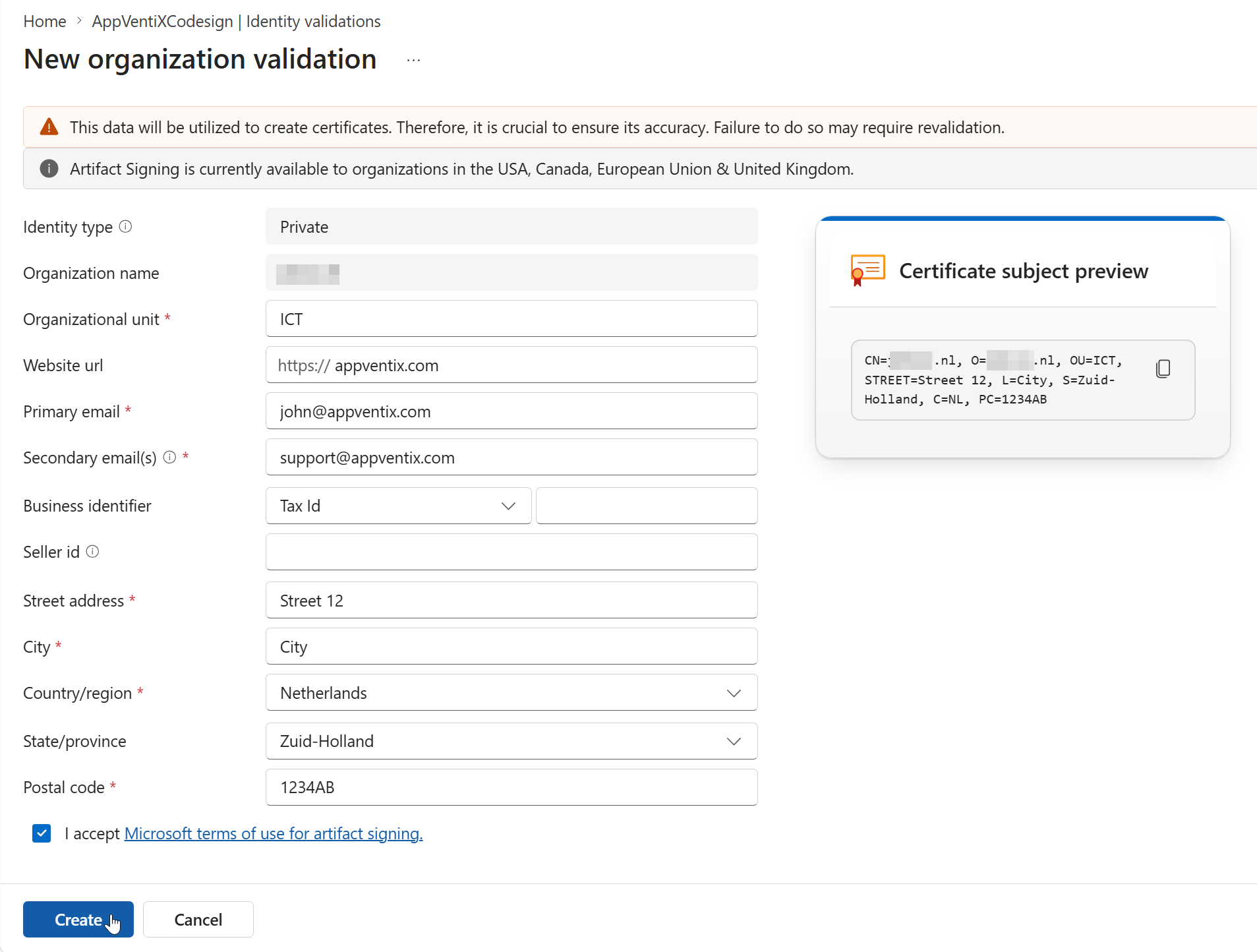 Fill the required fields and click Create