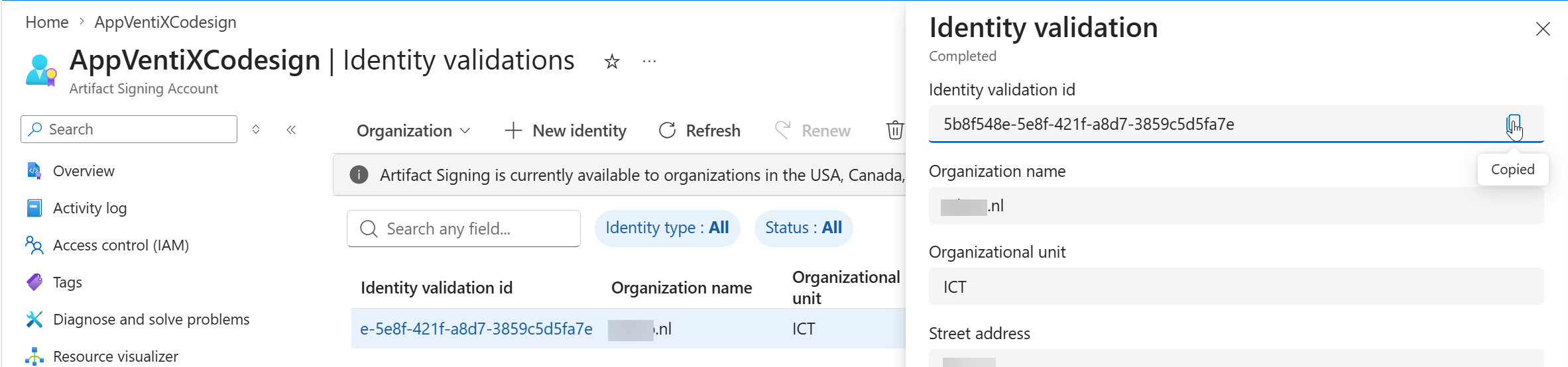 Copy the Identity validation id