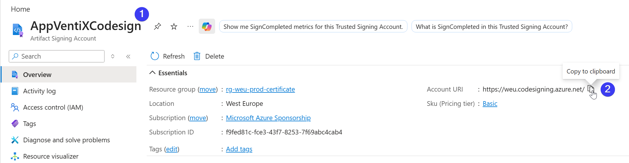 Make a note of the account name and URI
