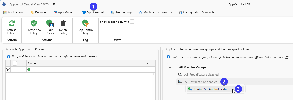 Enable App Control from the App Control pane