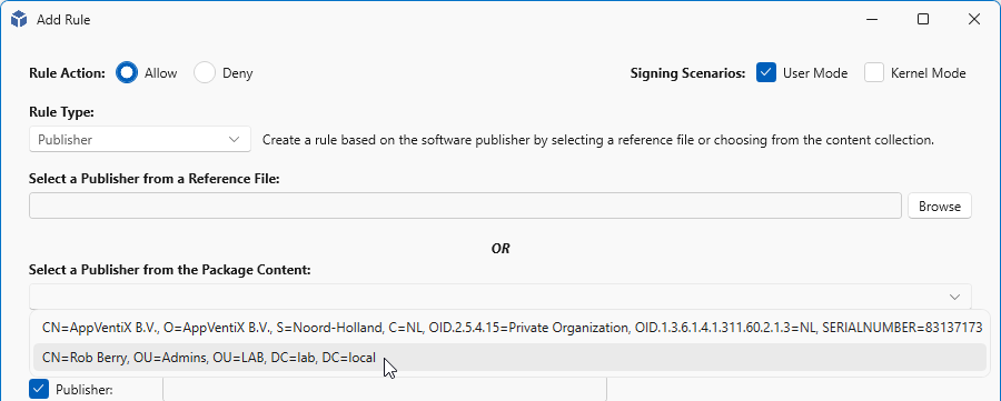 Select a Publisher from the package content