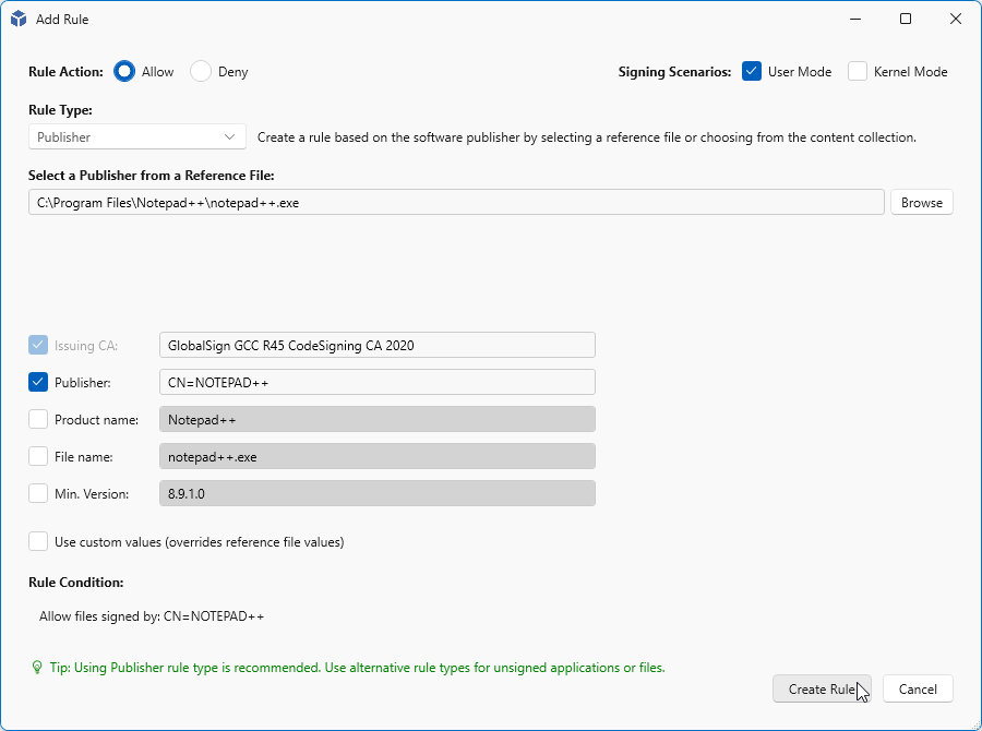 Configure the Publisher rule