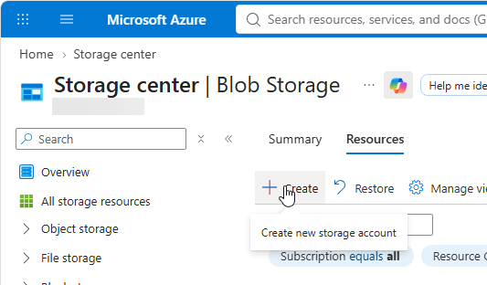 Create new Storage account