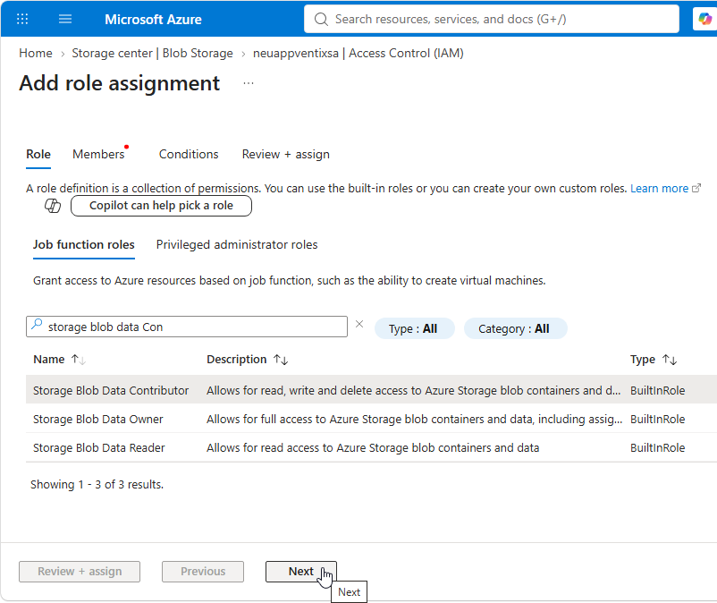 Select the Storage Blob Data Contributor role