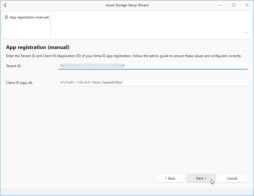 Enter the tenant and client id
