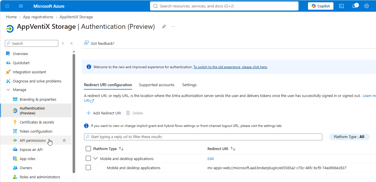 Navigate to API permissions