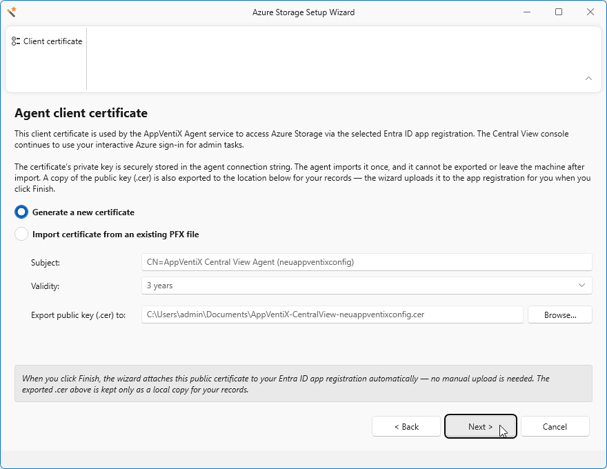 Create or select client certificate