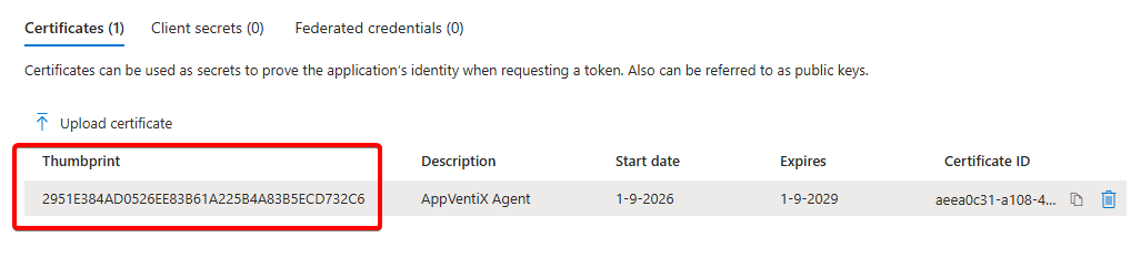 Azure imported certificate Thumbprint