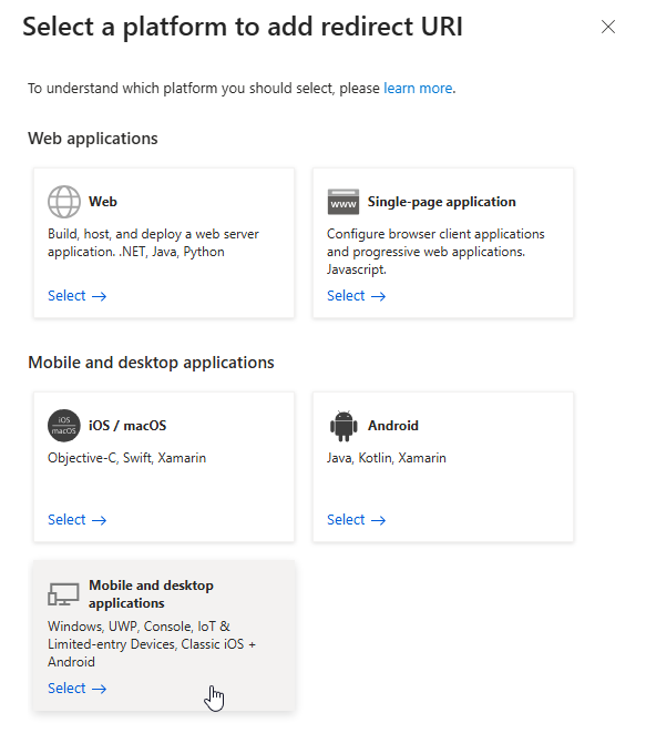 Select Mobile and desktop applications