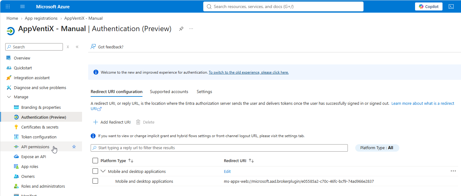 Navigate to API permissions