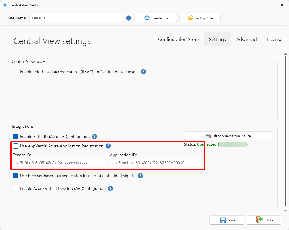Central View settings with app registration