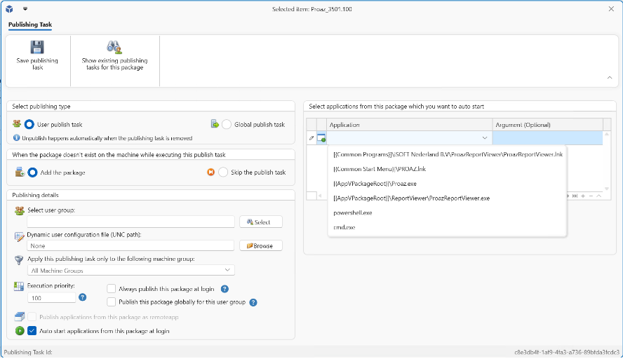 Package options window