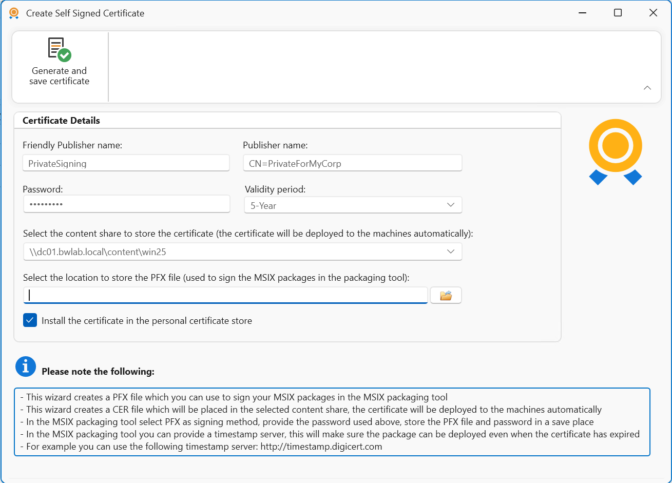 Certificate creation form