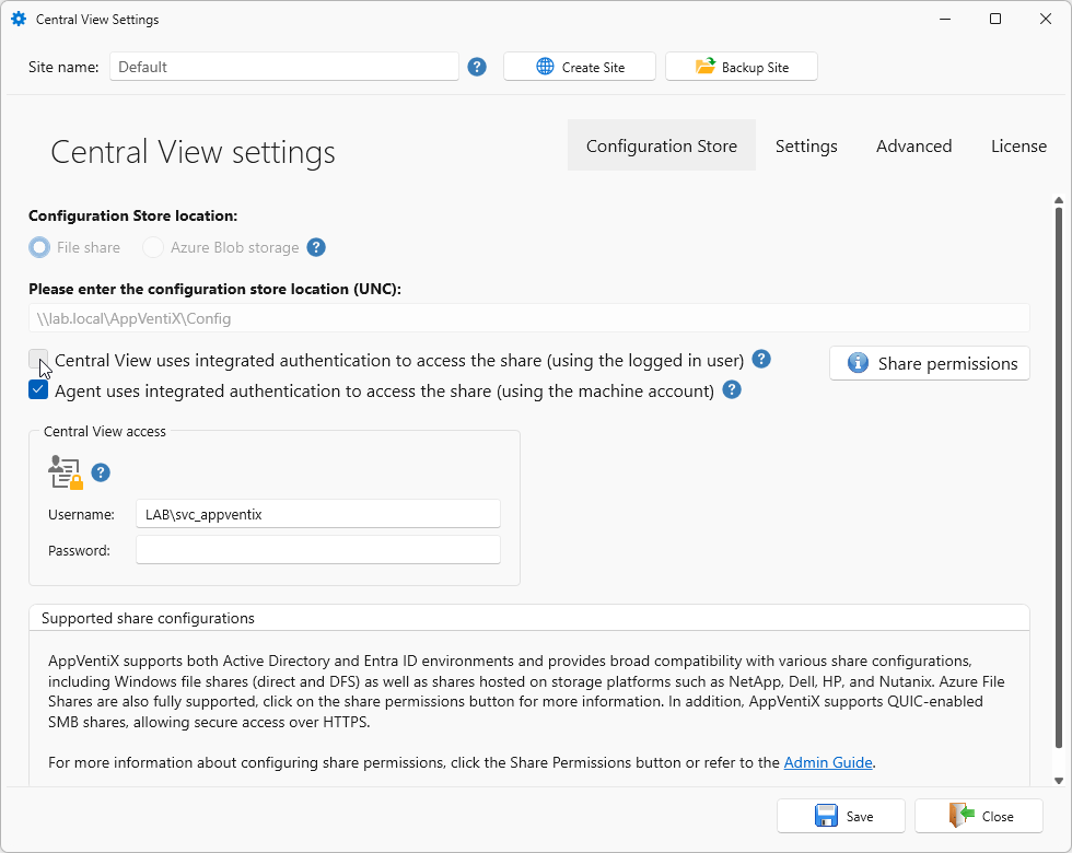 Configure a service account for Central View