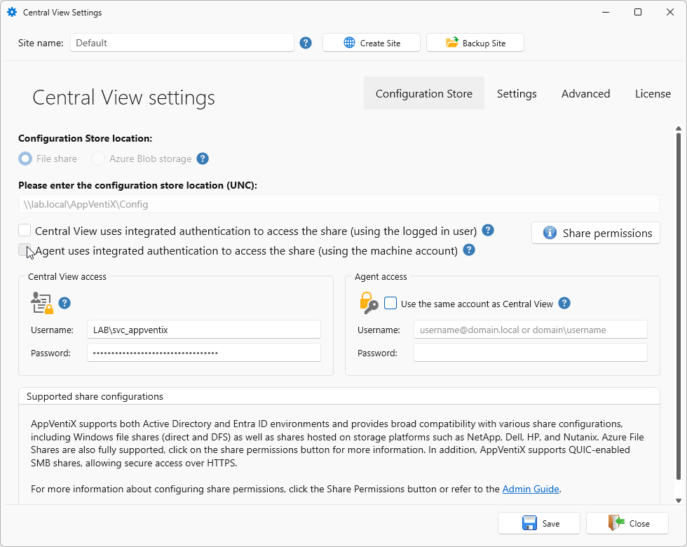 Uncheck Agent uses integrated authentication to access the share