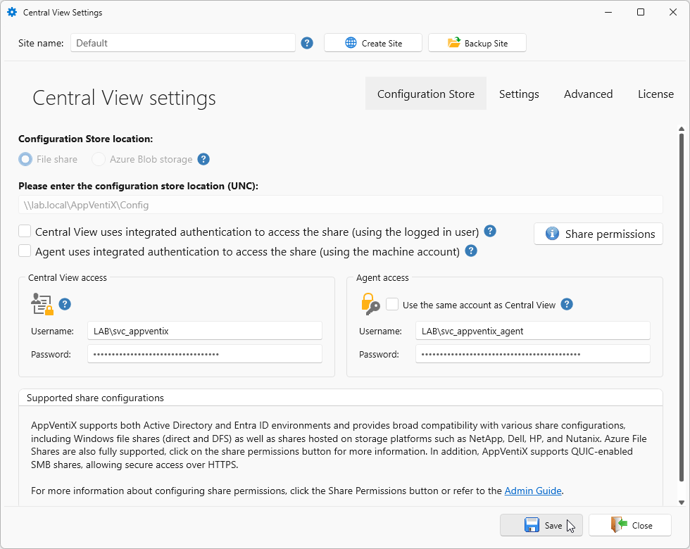 Central View and agent service accounts configured