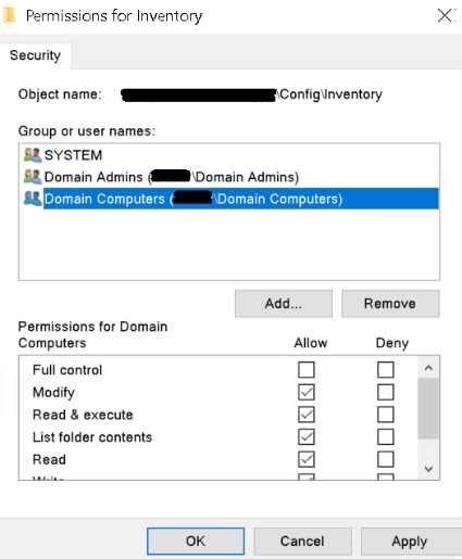 NTFS permissions configuration