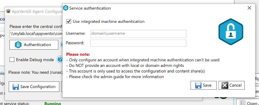 Agent service account configuration