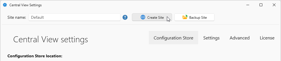 Central View Settings window with the Create Site button