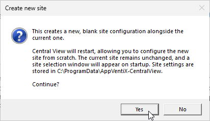 Create new site confirmation dialog