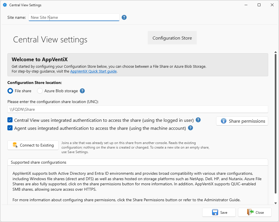 Central View Settings window for a new, unconfigured site