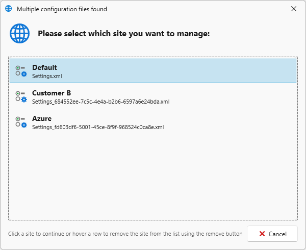 Site selection dialog listing all configured sites