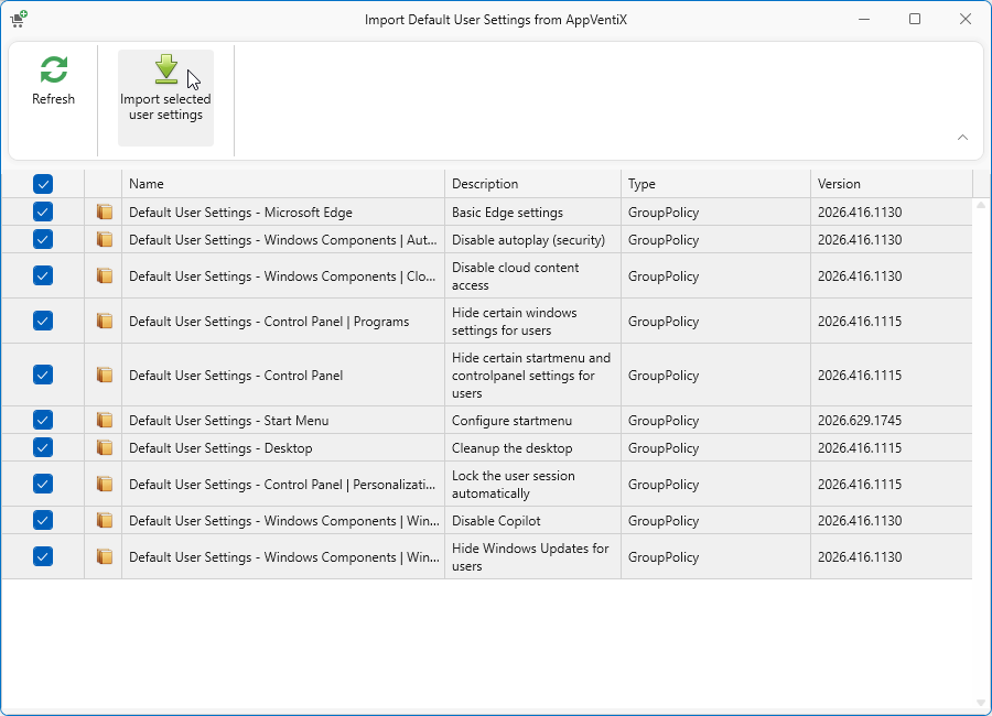 Import Default User Settings from AppVentiX
