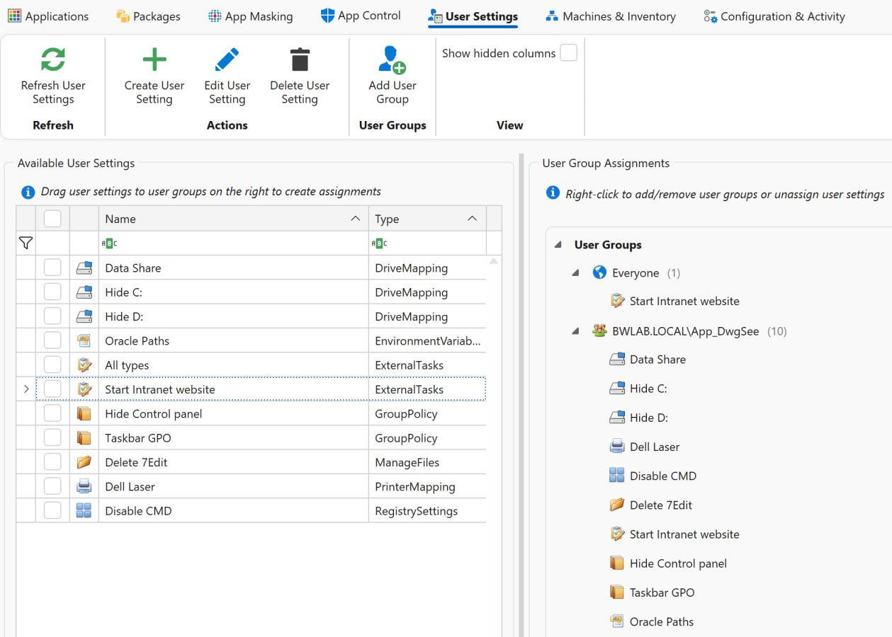 User settings assignment view