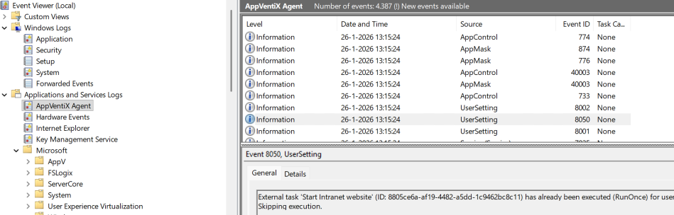User settings event log entries