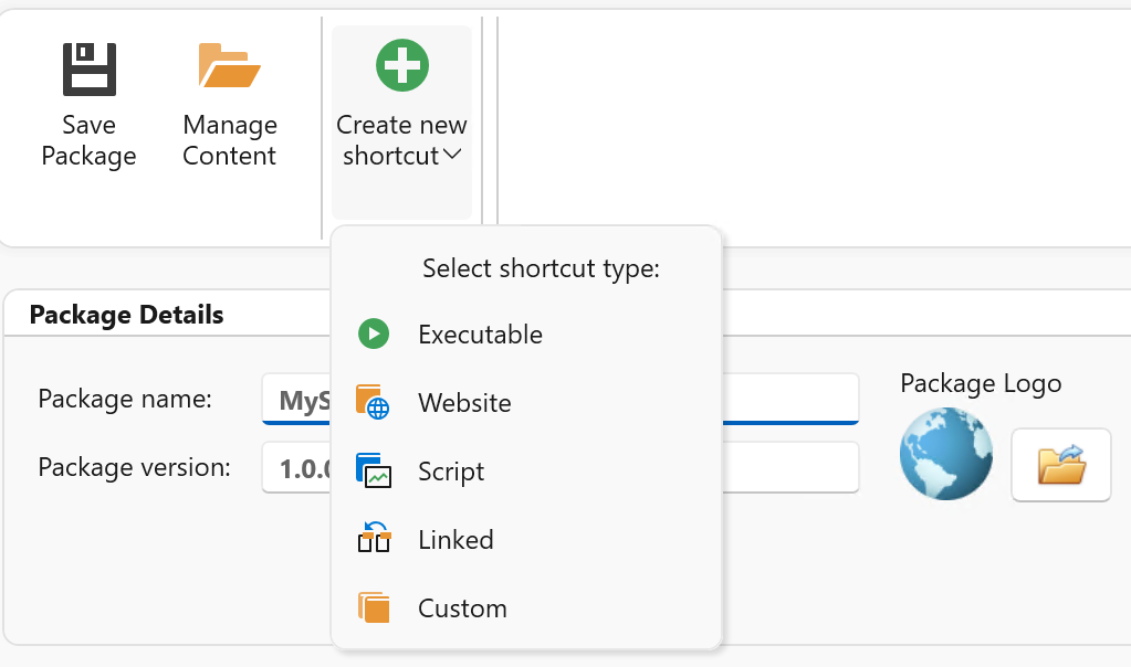 Shortcut package creation