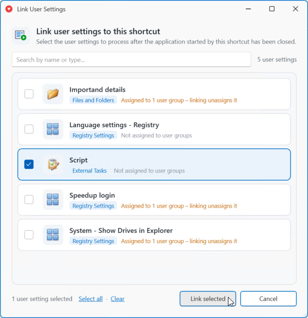 Link user settings to this shortcut