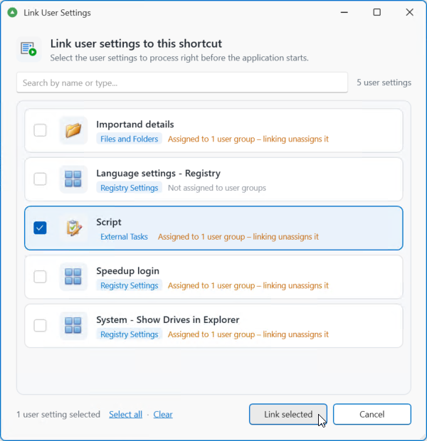 Link user settings to this shortcut
