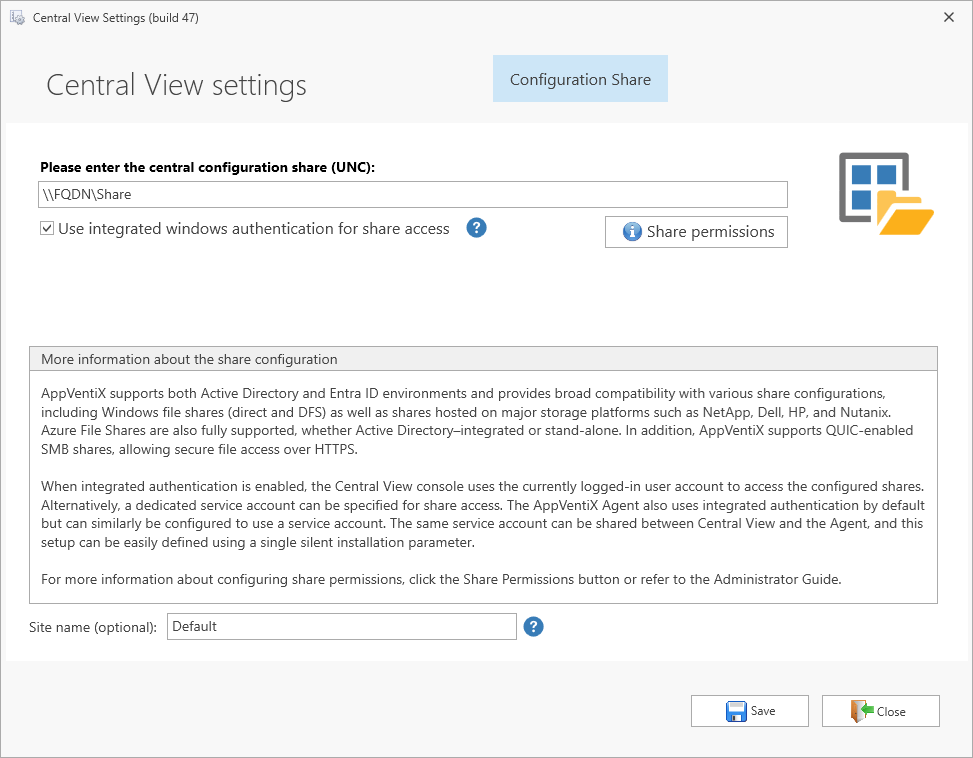 Central View settings window