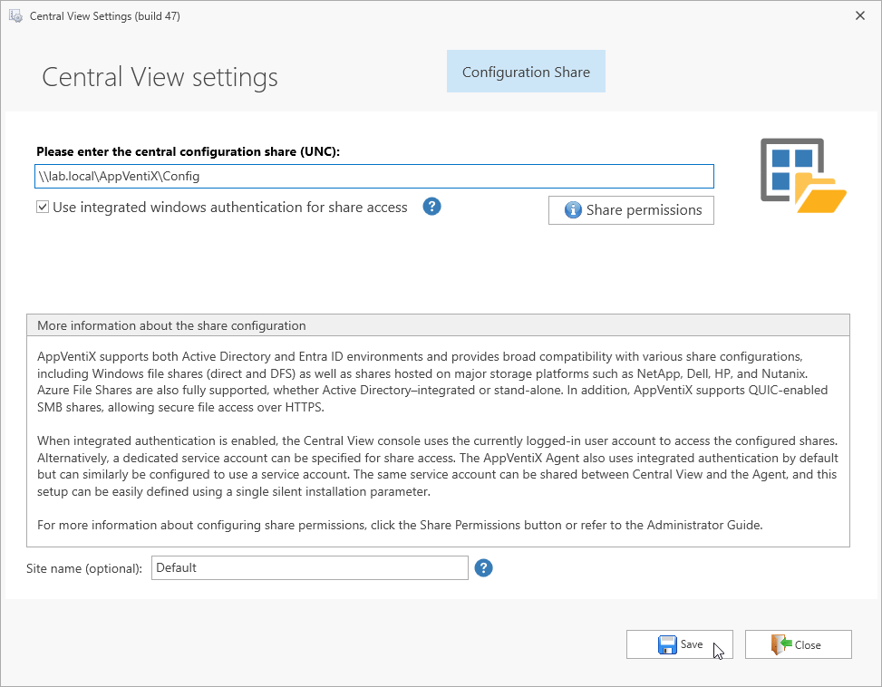 Save the Central View settings