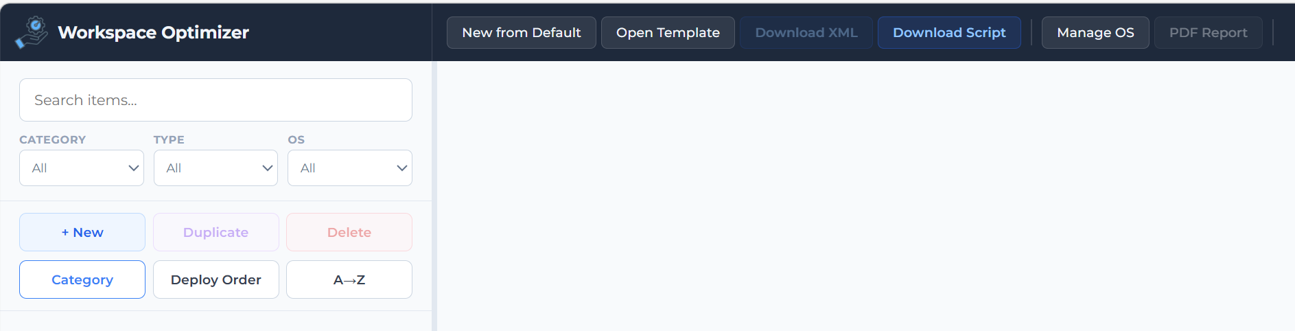 Workspace Optimizer toolbar
