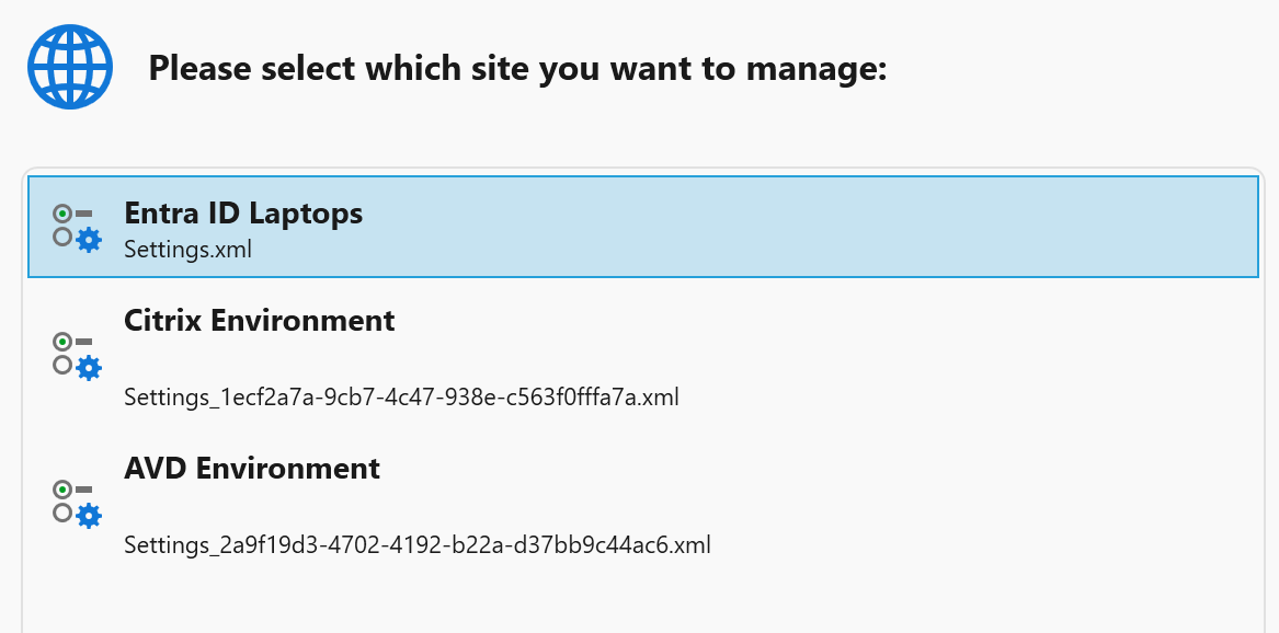 Site selection dialog listing Entra ID Laptops, Citrix and AVD environments
