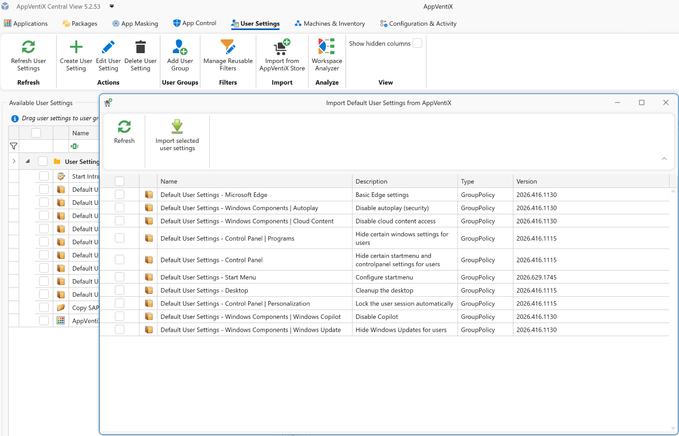 Import Default User Settings from AppVentiX window listing available GroupPolicy templates