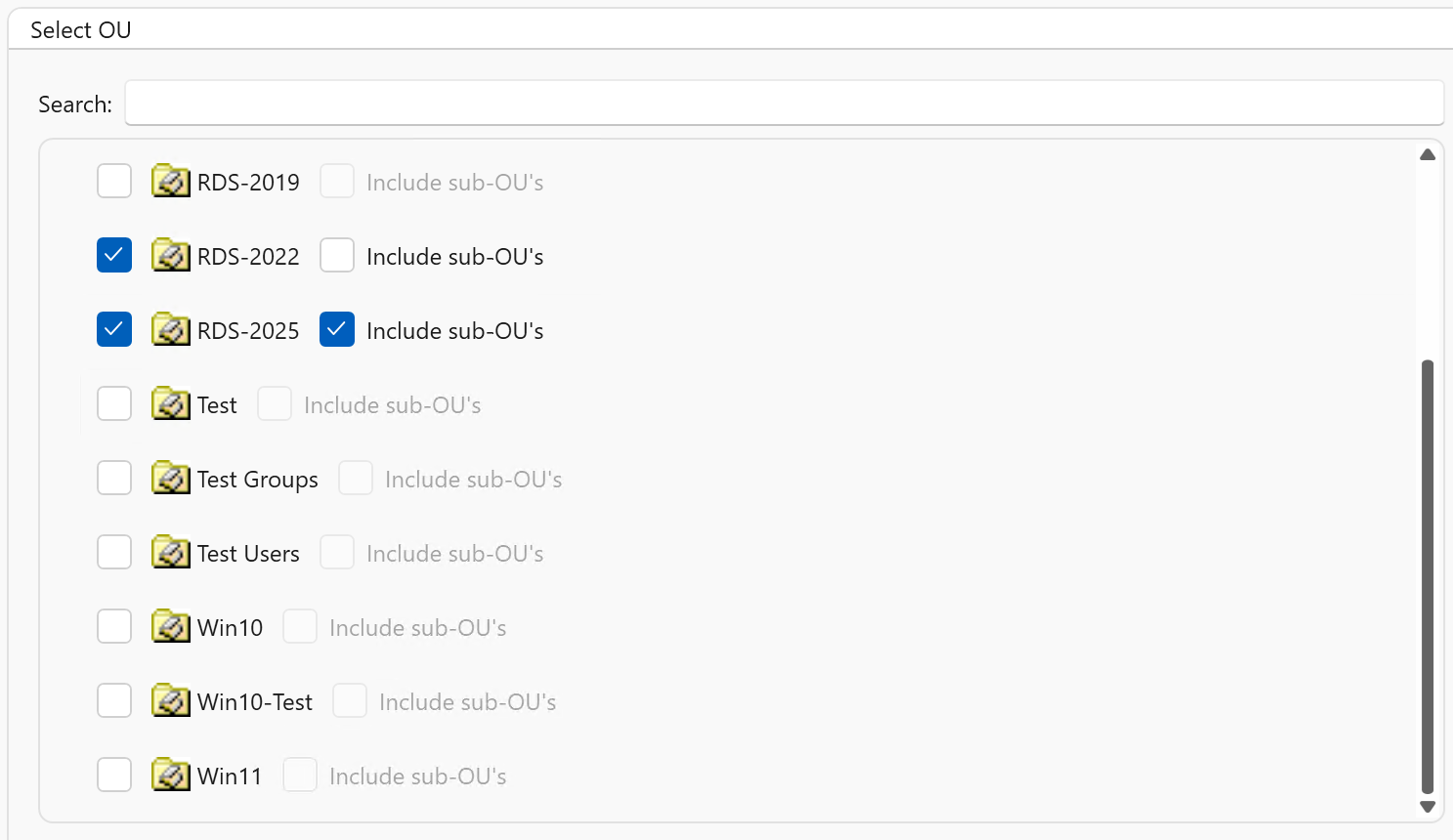 Select OU dialog with multiple OUs selected and Include sub-OU's options