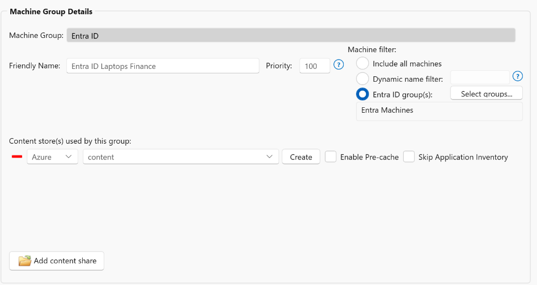Machine Group Details showing an Entra ID group with a priority value and machine filter options