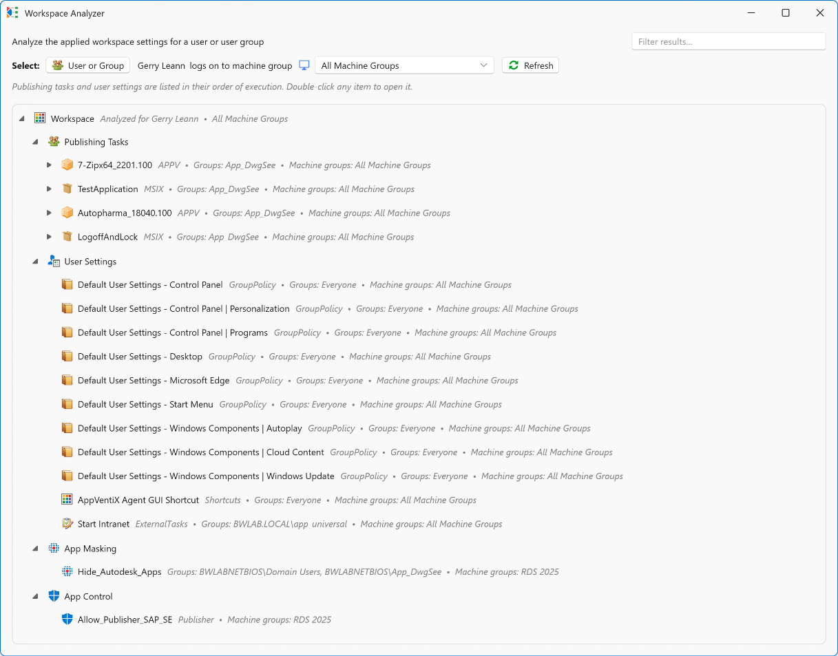Workspace Analyzer showing publishing tasks, user settings, app masking and app control applied to a user