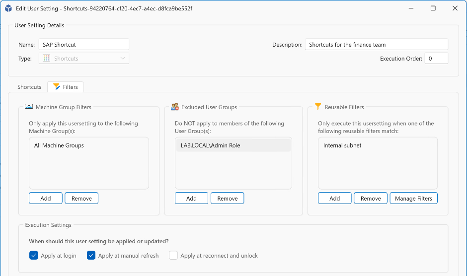 User setting Filters tab showing Machine Group Filters, Excluded User Groups and Reusable Filters
