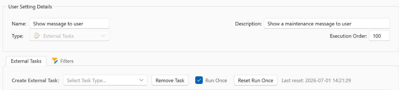 External Tasks user setting with a Run Once option and a Reset Run Once button