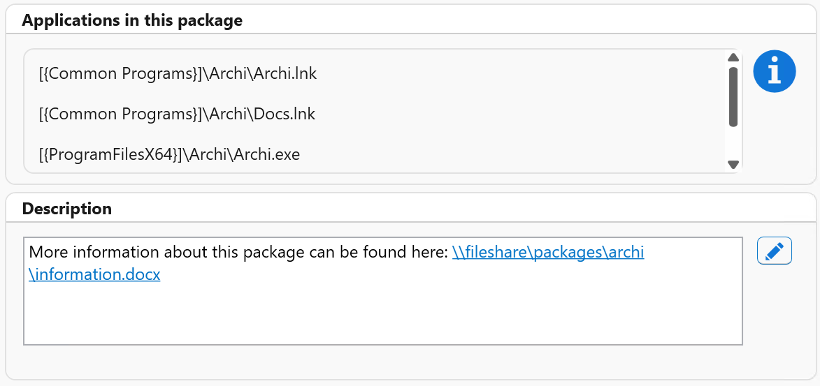 Package details window with a Description field containing a hyperlink to package documentation