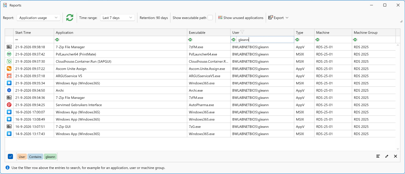 Reports window showing the Application usage report filtered on a single user