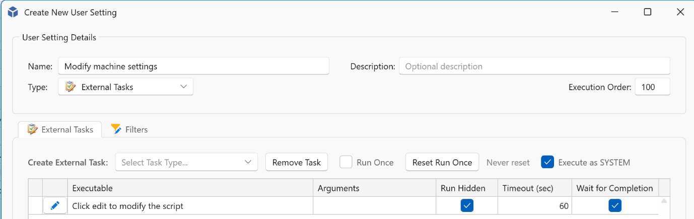 Create New User Setting window for an External Task with the Execute as SYSTEM option enabled