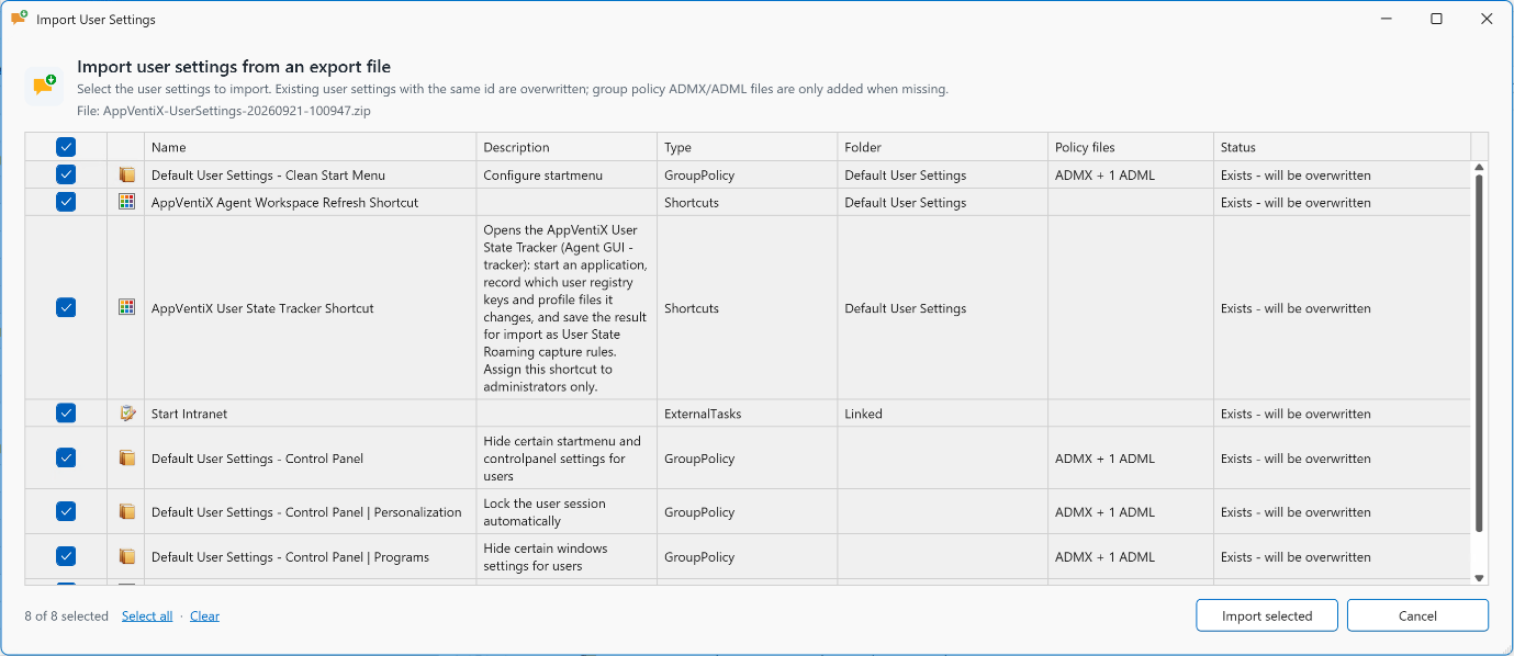 Import User Settings window listing the user settings in an export file