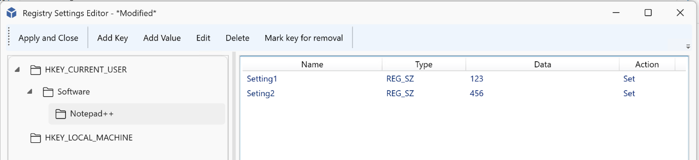 Registry Settings Editor with registry values configured under HKEY_CURRENT_USER